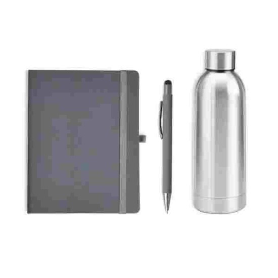 Kit Garrafa, Caderno E Caneta - Cinza/Prata - 3 Pçs Personalizado